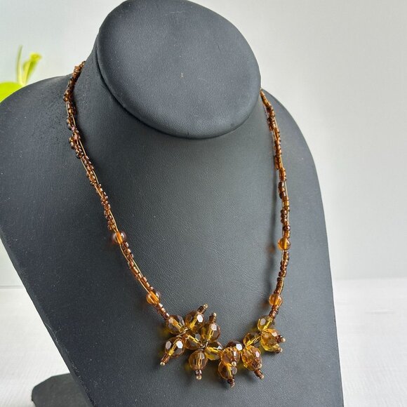 Amber Glass Bead Necklace Adjustable 16"-18" With Clustered Bead Accent - Picture 3 of 10